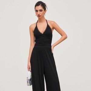 Cider Halter Neckline Lace Trim Backless Ruched Jumpsuit